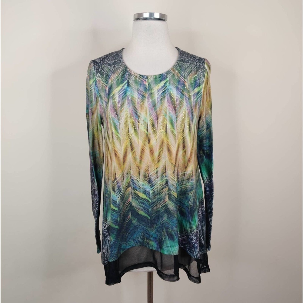 One World Long Sleeve Embellished Top Hi Low Mesh‎ Hem